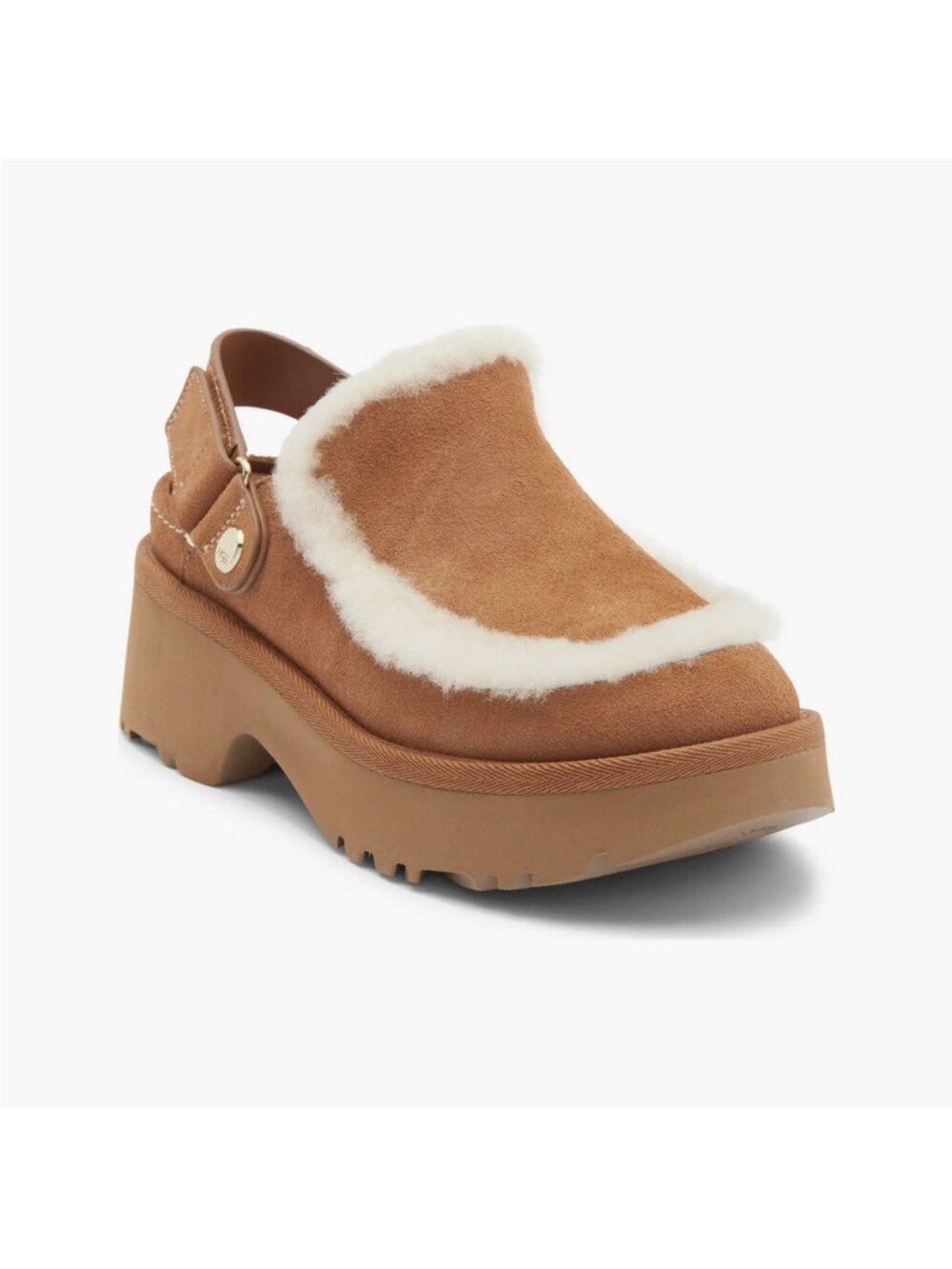 UGG Chestnut Suede Platform Clog with White Shearling Trim